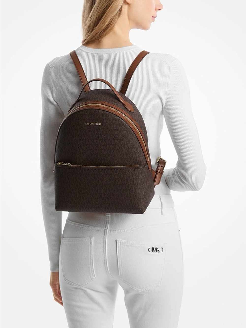 Michael Kors Brown Logo Dome Backpack with Tan Trim